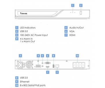 Vivotek NVR ND9323P, 8 kanálů, 8xPoE(max.120W), 2xHDD, H.265, 2x USB, DI/DO, 1xHDMI, Cloud