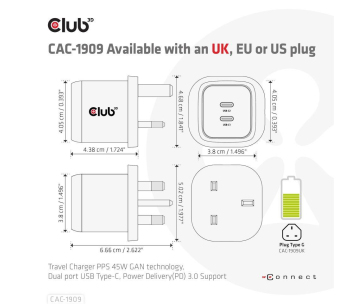 Club3D cestovní nabíječka PPS 45W GAN technologie, Dual port USB Type-C, Power Delivery(PD) 3.0 Support