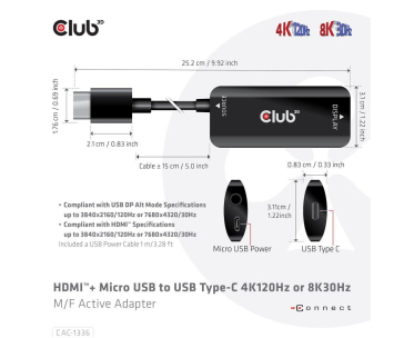 Club3D Adaptér HDMI + Micro USB na USB-C 4K120Hz/8K30Hz, Active Adapter M/F