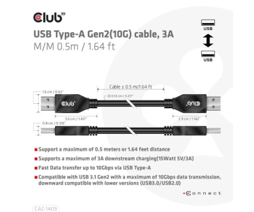 Club3D Kabel USB 3.2 Gen2 Typ-A, 3A M/M, 50 cm