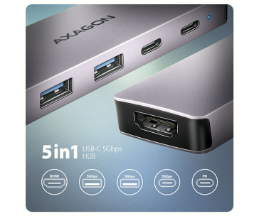 AXAGON HMC-5H60, USB 5Gbps hub, porty 2x USB-A, 1x USB-C, HDMI 4k/60, PD 100W, kabel USB-C 15cm