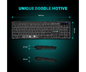 CONNECT IT DOODLE kancelářská drátová bíle podsvícená USB klávesnice, CZ + SK verze, ČERNÁ