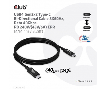 Club3D kabel USB4 Gen3x2 Typ-C, Oboustranný USB-IF Certifikovaný data kabel, Data 40Gbps, PD 240W(48V/5A) EPR M/M 1m