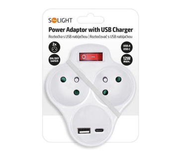 Solight rozbočka s USB A+C nabíječkou, 2 x 10A, bílá, vypínač