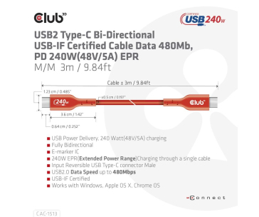 Club3D Kabel USB2 Type-C Bi-Directional USB-IF Certifikovaný 480Mb, PD 240W(48V/5A) EPR M/M 3m