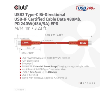 Club3D kabel USB-C, Oboustranný USB-IF Certifikovaný data kabel, PD 240W(48V/5A) EPR M/M 1m