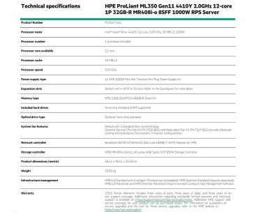 HPE PL ML350g11 4410Y (2.0G/12C) 1x32G (P43328) MR408i-o 8SFF 4x1Gb 1000W P53567-421 RENEW