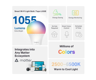 TP-Link Tapo L535E chytrá WiFi stmívatelná LED žárovka (barevná,2500K-6500K,1100lm,2,4GHz,E27)