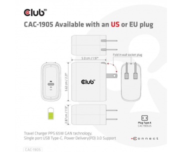 Club3D cestovní nabíječka PPS 65W GAN technologie, USB Type-C, Power Delivery(PD) 3.0 Support