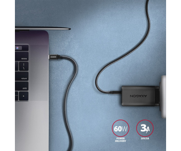 AXAGON BUCM3-CM20AB, SPEED kabel USB-C <-> USB-C, 2m, USB 3.2 Gen 1, PD 60W 3A, ALU, oplet, černý