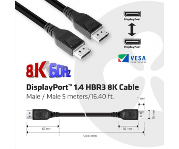 Club3D Kabel certifikovaný DisplayPort 1.4, HBR3, 8K60Hz (M/M), 5m, 28 AWG