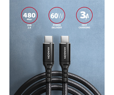 AXAGON BUCM-CM10AB, HQ kabel USB-C <-> USB-C, 1m, USB 2.0, PD 60W 3A, ALU, oplet, černý