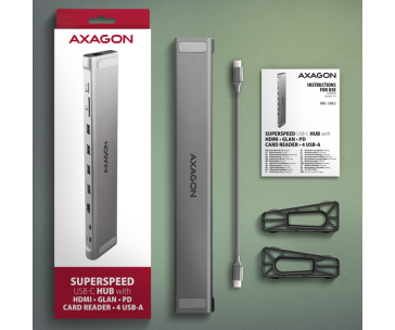 AXAGON HMC-10HLS, USB 5Gbps hub, 4x USB-A, HDMI 4k/60Hz, RJ-45 GLAN, SD/mSD, PD 100W, kabel USB-C 25cm