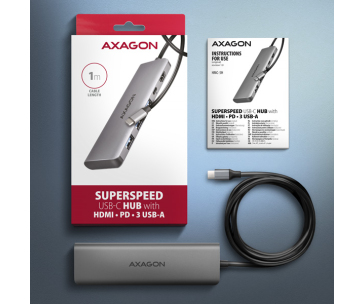 AXAGON HMC-5H, USB 5Gbps hub, 3x USB-A, HDMI 4k/30Hz, PD 100W, kabel USB-C 100cm