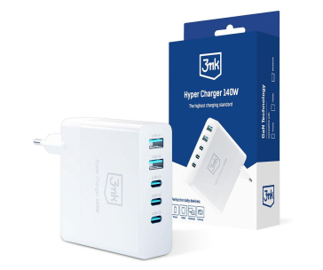 3mk síťová nabíječka - Hyper Charger 140W, GaN 3x USB-C (PD) / 2x USB, bílá