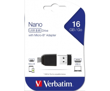 VERBATIM Flash Disk 16GB Store 'n' Stay NANO + micro USB OTG adaptér, USB 2.0, černá