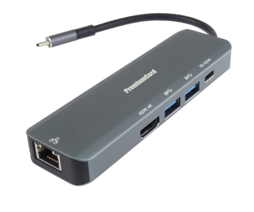 PREMIUMCORD Adaptér USB-C na Gigabit 10/100/1000Mbps + 1x HDMI,  2x USB3.2, 1x PD 100W konektor, Šedá