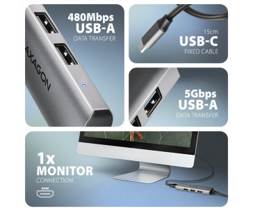 AXAGON HMC-H3A, USB 5Gbps hub, 3x USB-A, HDMI 4k/30Hz, kabel USB-C 15cm