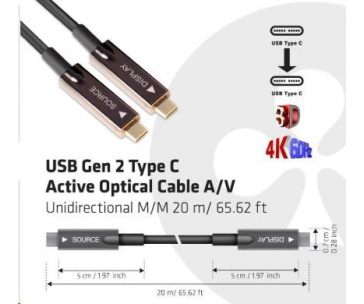 Club3D Kabel USB 3.2 typ C Gen2, aktivní, (M/M), 20m, optický, aktivní, unidirectional, A/V