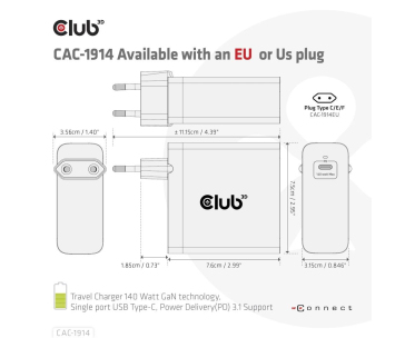 Club3D cestovní nabíječka USB-C 140W GaN Technologie, 1xUSB-C, podpora PD 3.1