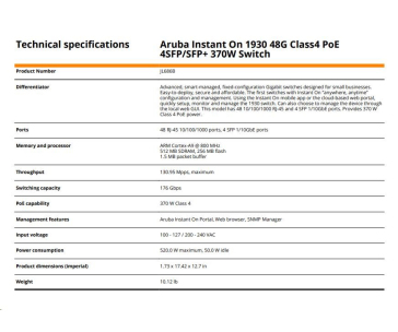 HPE Networking Instant On Switch 48p Gigabit CL4 PoE 4p SFP+ 370W 1930 (JL686B)