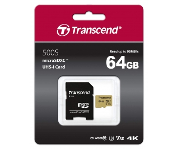 TRANSCEND MicroSDXC karta 64GB 500S, UHS-I U3 V30 + adaptér