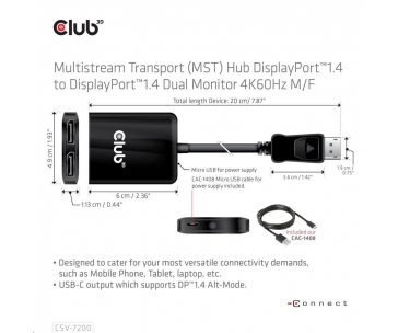 Club3D hub MST USB-C na DisplayPort, 4K60Hz (M/F)