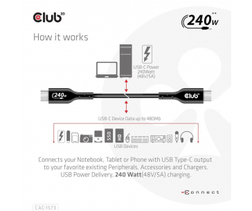 Club3D kabel USB-C, Oboustranný USB-IF Certifikovaný data kabel, Data 480Mb,PD 240W(48V/5A) EPR M/M 2m