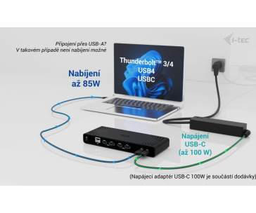 i-tec Universal Dual 4K Display Docking Station, Power Delivery 85W + i-tec USB-C Charger 100W