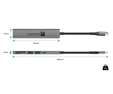 CONNECT IT USB-C hub, 2x USB-A, 1x USB-C, 1x SD karta, 1x MicroSD karta, šedá