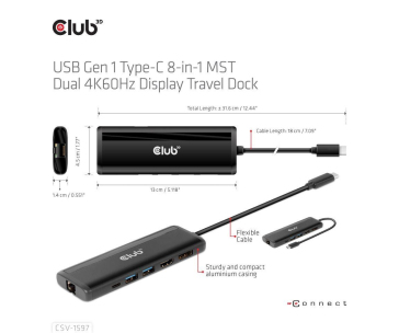 Club3D Dokovací stanice USB-C, 8-in-1 MST Dual (1x HDMI/1x DP) 4K60Hz, Display Travel Dock