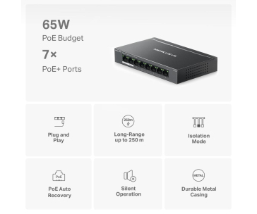 MERCUSYS switch MS108GP (8xGbE,7xPoE+,65W,fanless)