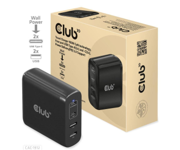 Club3D cestovní nabíječka 100W GAN technologie, 2xUSB-A a 2xUSB-C, PD 3.0 Support