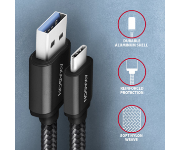 AXAGON BUCM3-AM10AB, SPEED kabel USB-C <-> USB-A, 1m, USB 3.2 Gen 1, 3A, ALU, oplet, černý