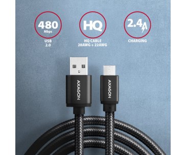 AXAGON BUMM-AM15AB, HQ kabel Micro USB <-> USB-A, 1.5m, USB 2.0, 2.4A, ALU, oplet, černý