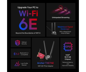 TP-Link Archer TXE75E WiFi6E PCIe adapter (AXE5400,2,4GHz/5GHz/6GHz,Bluetooth5.2)