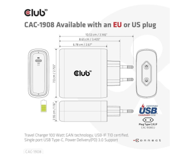 Club3D cestovní nabíječka 100W GAN technologie, USB-IF TID certified, USB Type-C, Power Delivery(PD) 3.0 Support