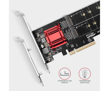 AXAGON PCEM2-ND, PCIe x8 řadič - 2x M.2 NVMe M-key slot, RAID, podpora desek bez bifurkace, vč. LP