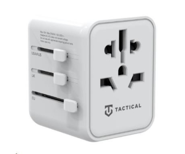 Tactical cestovní adaptér pro EU/UK/USA/JAP/AUS/CNY, 1x USB-C + 1x USB A, 12W, bílá