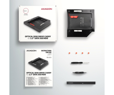 AXAGON RSS-CD12 rámeček pro 2.5" SSD/HDD do DVD slotu, 12.7 mm, LED, hliník