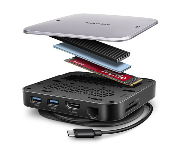 AXAGON HMC-UFO, USB 10Gbps hub, 2x USB-A, USB-C, HDMI 4k/60, RJ-45, M.2 slot, SD/mSD, audio, PD 100W, kabel USB-C 65cm