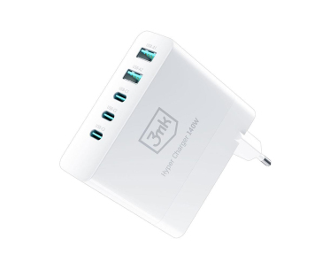 3mk síťová nabíječka - Hyper Charger 140W, GaN 3x USB-C (PD) / 2x USB, bílá