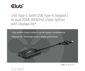 Club3D Video rozbočovač USB-C/A na 2xHDMI 2.0, Dual Monitor, 4K60Hz (M/F)