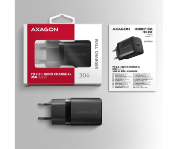 AXAGON ACU-PD30, Sil nabíječka do sítě 30W, 1x port USB-C, PD3.0/PPS/QC4+/SFC/AFC/Apple, černá