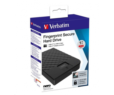 VERBATIM HDD 2TB Fingerprint Secure Portable Hard Drive, Black GDPR