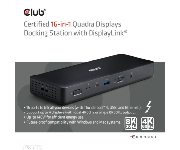 Club3D Dokovací stanice 16v1 Quadra (4) ThunderBolt 4, 2xTB, 3xDP, 2xHDMI, 3xUSB, RJ45, SD-TF Karta, 1xUSB-C, 150W PD