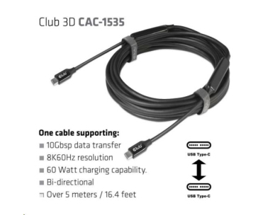 BAZAR Club3D Kabel USB 3.2 Gen2 Type-C to C Active Bi-directional (M/M) 8K60Hz, 5m - ROZBALENO