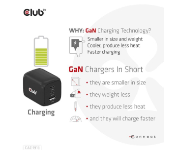 Club3D cestovní nabíječka 65W GAN technologie, 3 porty (2xUSB-C + USB-A), PPS, Power Delivery(PD) 3.0 Support