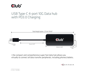 Club3D hub 1xUSB-C na 4xUSB-C, 10Gbps port, PD 3.0