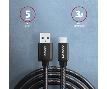 AXAGON BUCM3-AM15AB, SPEED kabel USB-C <-> USB-A, 1.5m, USB 3.2 Gen 1, 3A, ALU, oplet, černý